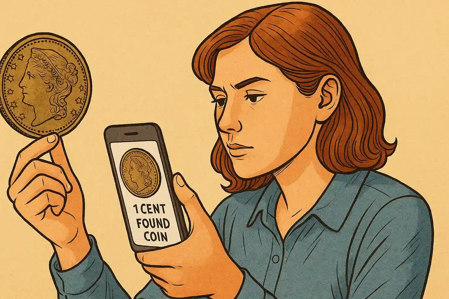 A woman is identifying a coin via the smartphone app.
