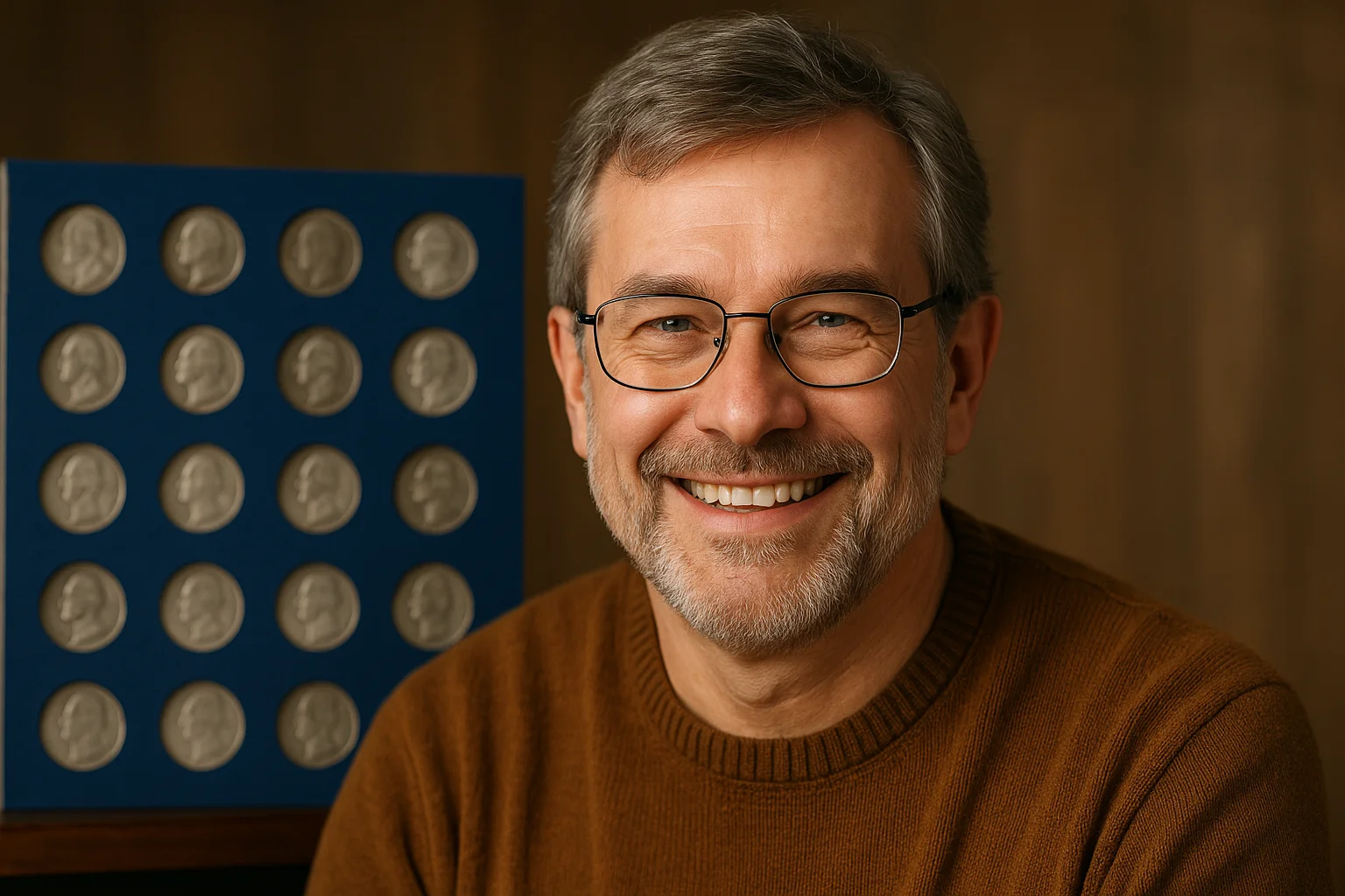 a smiling male numismatist with a coin collection behind him