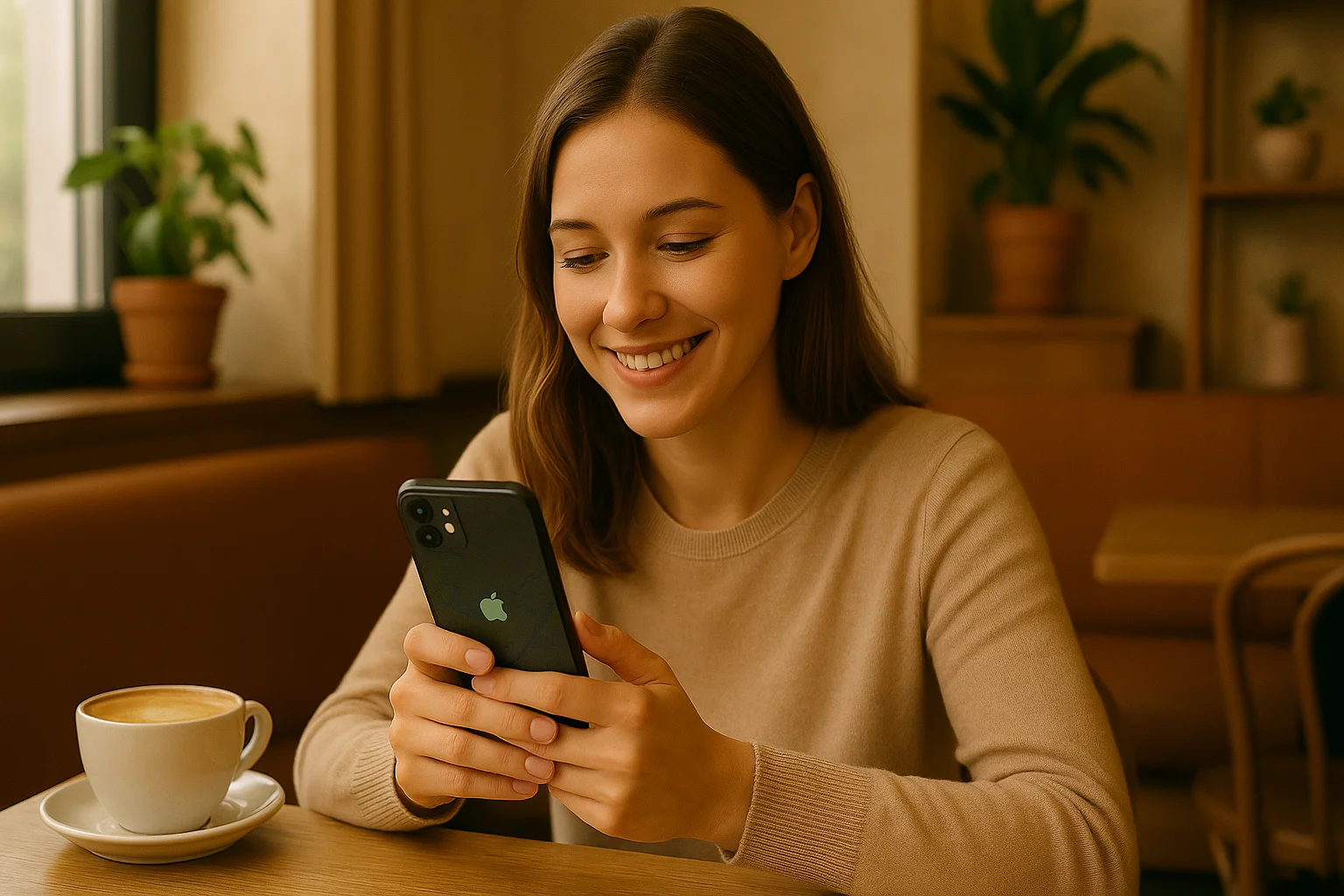 A confident young woman relaxes in a cozy café, smiling as she checks her live location on an iPhone over a cup of coffee.