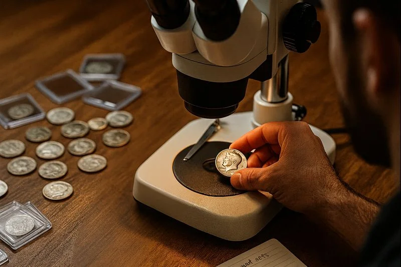 A collector positions a Kennedy half dollar under a professional microscope to examine significant dates.