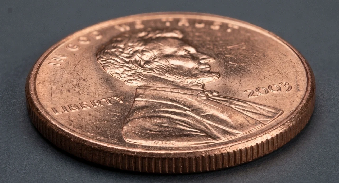 Close-up of a 2003 penny edge